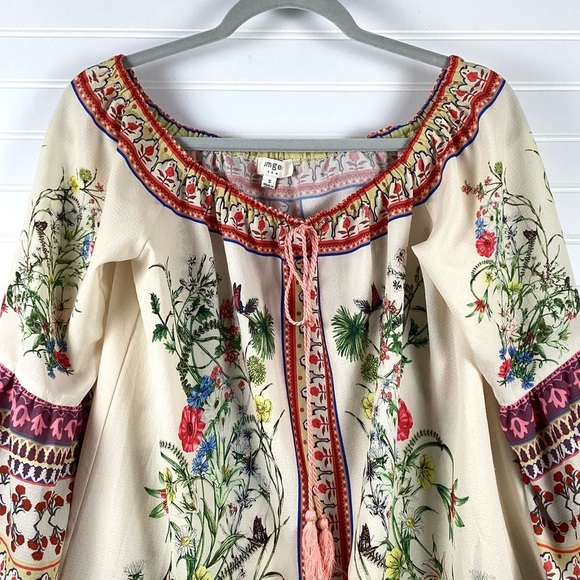 Umgee Border Bell Sleeve Dress -Natural Size Small Off Shoulder Shift Mini Dress - Picture 3 of 11